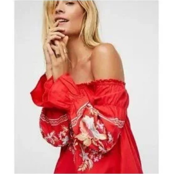 Free People Fleur Du Jour Floral Embroidered Red Off-Shoulder Mini Dress - Picture 4 of 16